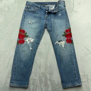 Levi's 501 Jeans Womens W31 L26 Blue Taper Rose Floral Embroidered Denim